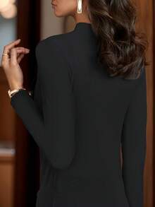 Elegante blusa de manga larga con doble capa de volantes de malla, informal y versátil, negra para otoño/invierno y primavera - Negro - Ver 3