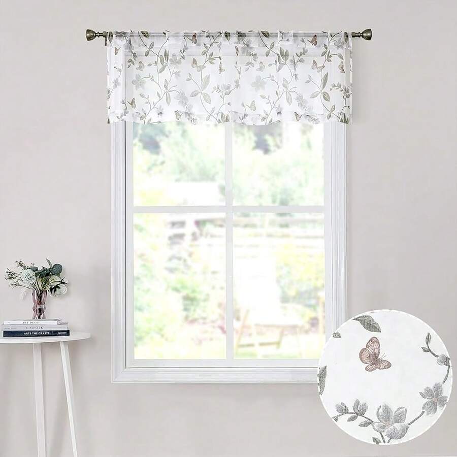 Tollpiz Sheer Floral Curtain Valance Grey Flower Butterfly Printed Bedroom Curtain Valances Rod Pocket Voile Faux Linen Window Valance Curtains For Living Room, 54 X 16 Inches Long, Set Of 1 Panel,54inchWx16inchL(Packof1),Grey - 灰色 - 查看 1