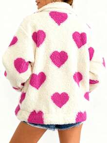 Women's Valentine's Day Heart Jacket Casual Long Sleeve Zip Up Loose Fuzzy Coat - 粉色 - 查看 2