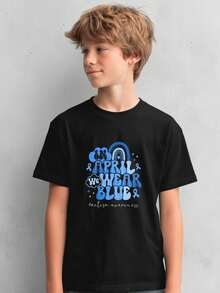 1pc Kids' Autism Awareness Text Print Black T-Shirt, Crew Neck, Casual Cotton Tee, Medium Stretch Knit Fabric, Regular Fit For Boys & Girls Children, Alphabet Pattern, For Spring/Summer/Fall Autism Month Birthday School Events - 黑色 - 查看 1