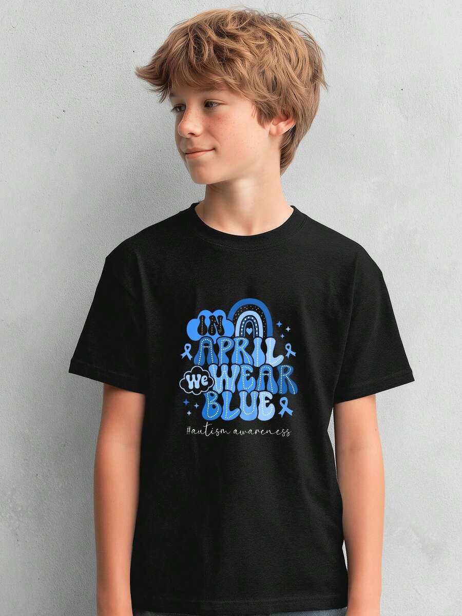 1pc Kids' Autism Awareness Text Print Black T-Shirt, Crew Neck, Casual Cotton Tee, Medium Stretch Knit Fabric, Regular Fit For Boys & Girls Children, Alphabet Pattern, For Spring/Summer/Fall Autism Month Birthday School Events - 黑色 - 查看 1
