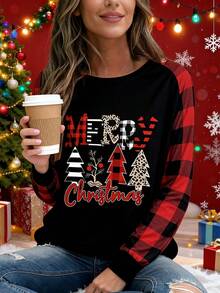 1pc Plus Size "Merry Christmas" Letter Print Sweatshirt, Women Plus Size Christmas Tree & Letter Graphic Raglan Color Block Plaid Long Sleeve Casual Loose Top, Christmas