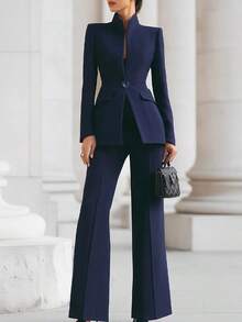 Long-Sleeved Solid Color Pocket One-Button Small Suit + Long Suit Pants Two-Piece Set - 藏青色 - 查看 1