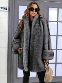 Plus Size Faux Fur Animal Print Fashionable Jacket, Everyday Wear, Autumn/Winter - Grey - View 5