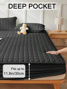 1pc Waterproof Fitted Sheet, Bedding, Skin-Friendly Mattress Cover, Soft And Comfortable Bedding For Bedroom, For All Seasons, Room Decor, Fall Decor, Halloween Gift, 11.8 Inch Deep Pocket Cooling Breathable Quilted Square Lattice Fitted Sheet, For Queen King Twin All Size, Solid Color Mattress Protective Cover, Dustproof, Comfortable And Machine Washable - Deep Black - View 5