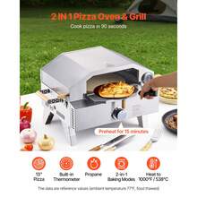 Horno de pizza para exteriores , horno de gas portátil de 33 cm con piedra de cordierita gruesa y termómetro integrado. Dos modos para pizza o parrilla. Ideal para camping y jardín. - Plateado - Ver 2
