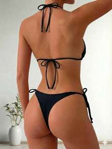 Triangle Bikini Top With Side Tie Detail, Double String. - 黑色 - 查看 2