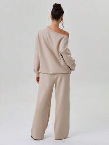 Women's Basic Solid Color Sloping Shoulder Long Sleeve Top & Wide Leg Trousers Co-Ord - Taupe - View 2