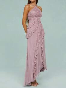 Women's Y2K Halter Neck Long Dress Elegant Sleeveless Backless Ruffles Tiered Cocktail Party Vacation Long Evening Dress - Hồng - Xem 5