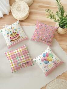 4件套，生日快乐抱枕套，节日派对礼物，乡村风蛋糕气球图案，美好祝愿装饰靠垫套，拉链涤纶装饰枕套，适用于沙发、客厅、户外，不含枕芯 - 粉色 - 查看 6