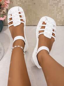 Women's Buckle Thick Bottom Braided Decor Solid Color Fashion Vacation Elegant Sporty Sexy Hollow Platform Wedge Sandals, Outdoor & Indoor Summer - White - View 6