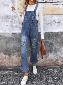 Recasual Women's Shoulder Strap Jeans, Solid Color Denim Pants, Mid Waist Slightly Elastic, Slim Fit And Slimming, Suitable For All Seasons, Paired With Distressed Craftsmanship, Fashionable And Youthful, Suitable For Back To School Season, Retro, Rebellious Girls, Sweet Girls, Street, Work, Travel, Daily Leisure, Datingclothing, Comfortable Women's Autumn And Winter Clothingchristmas Outfit Women, Y2k Clothes, Tall Birthday Outfits For Women Going Out - 深藍 - 查看 2