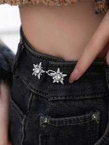 2个金属五角星腰扣，腰部可调节扣，牛仔裤腰扣，裙子收腰扣，腰部调节，安全别针，隐形无缝，日常百搭雪花图案