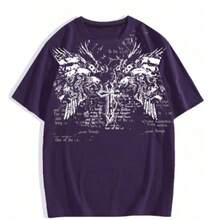 Men's Basic Gothic Punk Style T-Shirt, Printed Streetwear Blouse - Purple - View 7
