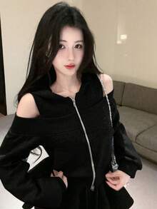 韩版露肩拉链连帽卫衣，宽松显瘦休闲百搭外套，秋冬款 - 黑色 - 查看 4