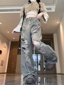 破洞牛仔阔腿宽松裤 - 復古色 - 查看 3