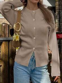 Live To Mo Fspring Break Outfits Brown Top Cardigan With Long Sleeves And Buttons, Casual Y2K Style. Perfect For Valentine's Day, Going Out Tops Women And Daily Wear. - Khaki - View 6