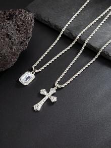 2件套时尚朋克极简几何水晶十字架吊坠项链，男士魅力饰品，适合日常、派对、节日、生日礼物，理想的男士礼物 - 幾何水鑽十字架項鍊 - 查看 8
