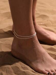 1件装女士简约优雅闪亮双层银色脚链，适合海滩、日常佩戴、泳池派对及情人节配饰 - 銀色 - 查看 2