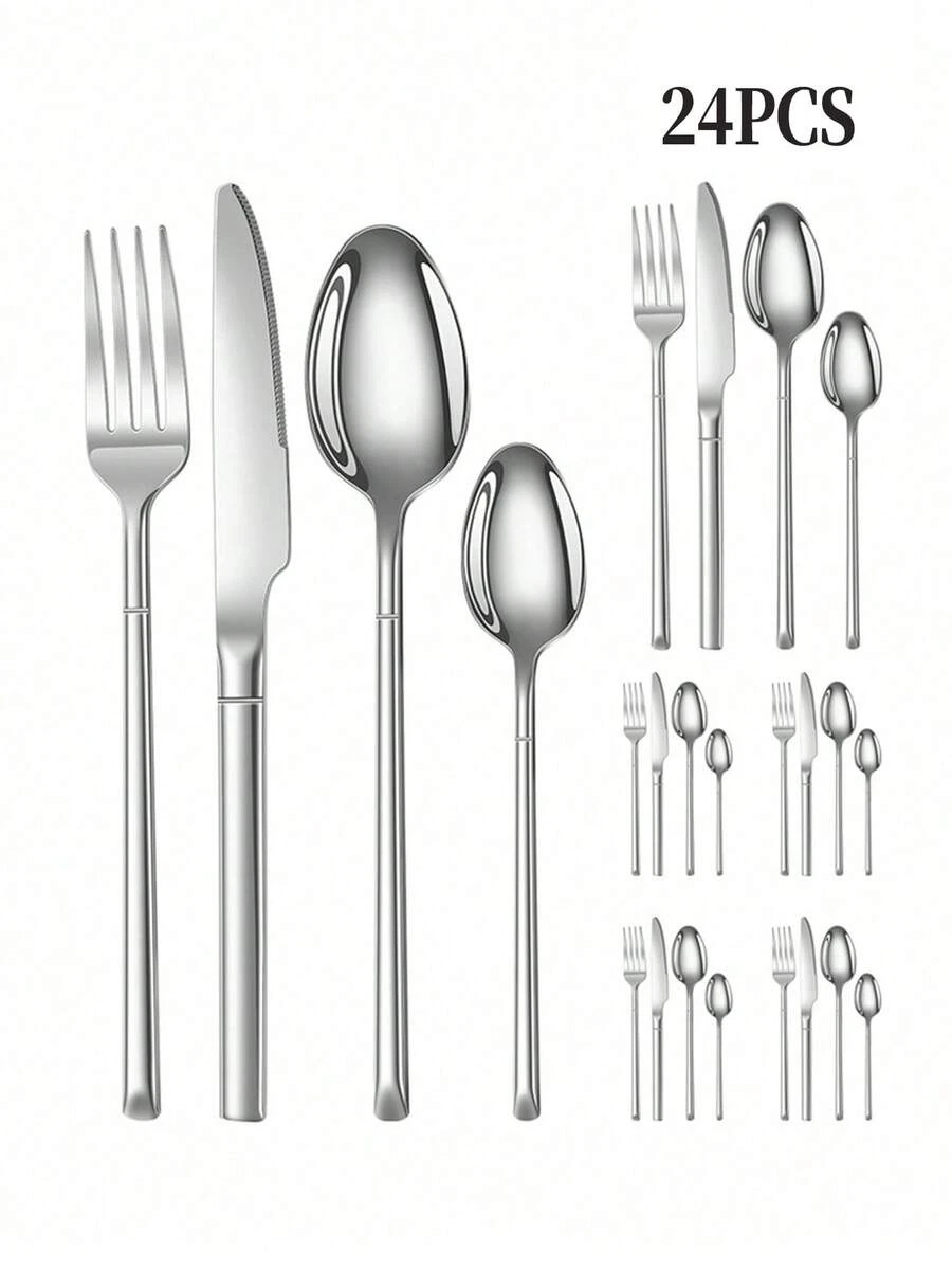 4/16/24件套不锈钢骑士牛排刀叉勺餐具套装，适合家庭聚会、酒店、派对、餐厅、婚礼、礼品 - 銀色 - 查看 1