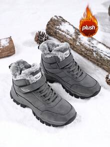 Women's Snow Boots, Short Shaft, Thermal Lining, Thick, Hook And Loop Design For Easy Wear, Anti-Slip, Suitable For Middle-Aged And Elderly, Warm Outdoor Winter Shoes, Fluffy Lining, Strong Wrapping, Breathable For Daily Wear, Winter Elderly Walking Shoes - Grey - View 3