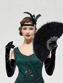 3/2/1 Set 1920s Flapper Accessories - Feather Fan, Headband And Gloves Set, Suitable For Vintage Weddings, Dance Costumes, Themed Outfits (Black) - Multicolor - View 9