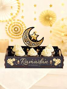 1pc Eid Mubarak Wooden Tray, Eid Moon & Star Black Gold Design DIY Tray, Suitable For Eid Party, Eid Celebration, Eid Decoration, Eid Storage & Decor Tray, Ideal For Eid Family Party Tabletop Centerpiece, Can Hold Fruits & Sweets, Ramadan Supplies, Ramadan Decor, Kitchen Decor, Ramadan Gift, Ramadan Prayer, Ramadan Lantern, Ramadan Lighting - Ramadan Kareem Black Gold - View 4