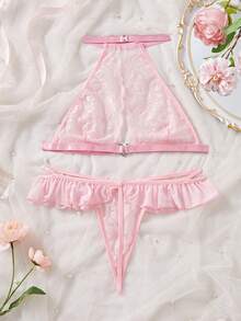 2pcs Women Sexy Pink Lingerie Set, Heart Lace, Bow Tie, Sheer, Garter Belt Bra Set, Sexy Underwear Set For Women - Pink - View 4