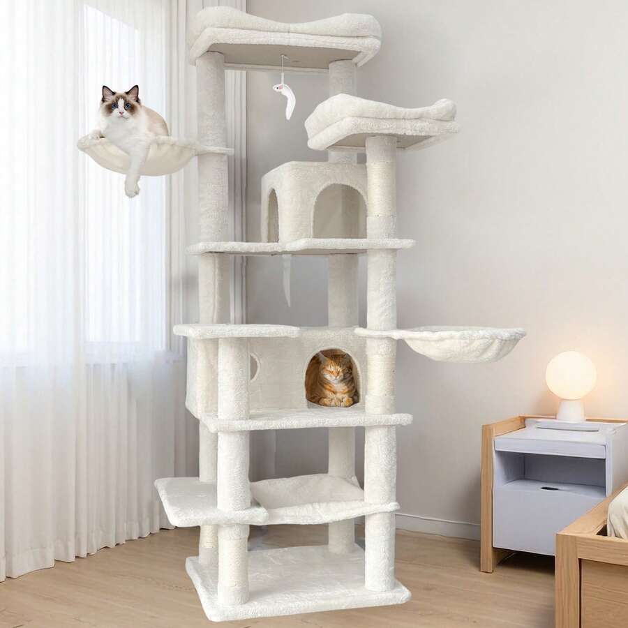 68in Tall Multi-Level Green Cat Tree With Hammocks, Hanging Basket, Cat Cave, Removeable Cushion, Scratching Posts - Plush Cat Tower For Indoor Cats, Perfect For Multiple Cats - 白色 - 查看 1