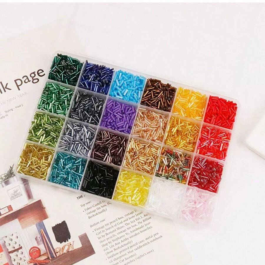 1 Box mit 15/24 Farben modische minimalistische Mehrfarbglas-Röhrenperlen, 6mm Glasröhrenperlen, inklusive Perlenfädelnadeln, 24 Farbkombinationen, 6mm lange Röhrenperlen, für Schmuckherstellung, DIY Basteln, Kleidung, Tumbler, Schuhe, Stoffdekoration, Nagelkunst - Guanzhu-Paket - Übersicht 1