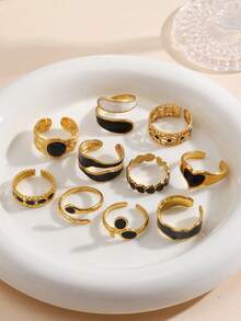 1/3/6/9/12 piezas Juego de anillos geométricos abiertos minimalistas de acero inoxidable negro con goteo de aceite, adecuado para uso diario de mujeres (entrega de estilo aleatorio) - Negro - Ver 5