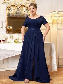 Đầm maxi cỡ lớn cổ chữ V ren hoa phối bèo nhún bằng chiffon, thanh lịch cho các dịp trang trọng như dạ hội, vũ hội, tiệc cưới, tiệc mùa xuân. - Màu xanh hải quân - Xem 5