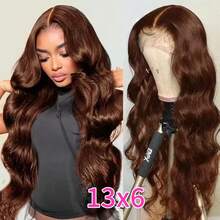 bling hair 13x4波浪形蕾丝前假发，巧克力棕色蕾丝前假发，180%密度透明蕾丝假发，真人发假发，预先拔毛 - S4 - 查看 9