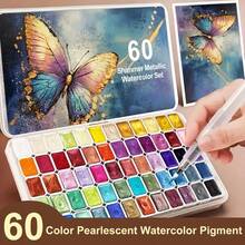 60 Color Paint Set 60 Color Metallic Watercolor Paint Set With 1 Water Pen High Solid Portable Lightweight Starry Tone Ideal For Artists Professionals Painting Drawing DIY Craft Holiday Gift - 60 Colors + 1 Ballpoint Pen - View 1