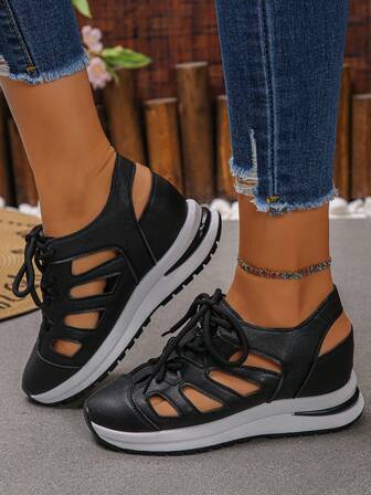 Sandalias de cuña con plataforma y cordones para mujer, impermeables, de punta abierta, caladas, con suela gruesa, en bloques de color, antideslizantes, para aumentar la altura en verano. Sandalias de cuña casuales cómodas para caminar, esenciales para vacaciones y fiestas, con sólido color y suela gruesa transpirable.