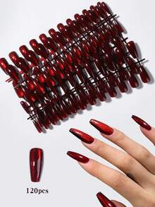 5片/套（120片）美甲贴片，血红色水晶猫眼美甲贴，中号棺材形、短款杏仁形、短款椭圆形和短款方形，多种款式可选，按压式美甲贴片，美甲用品，美甲贴片（内含1片果冻胶和1个指甲锉） - 紅色 - 查看 10