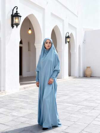 1pc Fashionable & Elegant Casual Abaya With Headscarf, Versatile Long Robe Suitable For Festivals, Home, Leisure, And Vacation