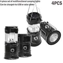 4pcs Solar Camping Lantern, Collapsible LED Solar USB Rechargeable Lantern Flashlight Emergency Hanging Lights For Camping Hurricane Equipment Power Outages Supplies Storm Survival Kit Indoor Outdoor