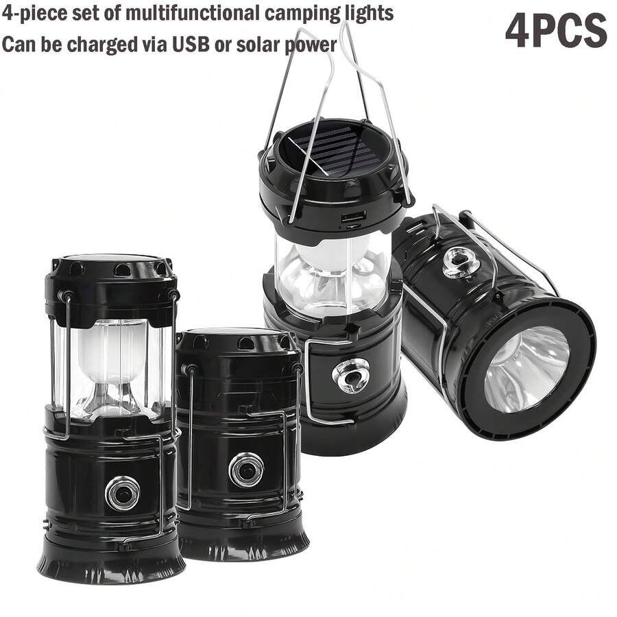 4pcs Solar Camping Lantern, Collapsible LED Solar USB Rechargeable Lantern Flashlight Emergency Hanging Lights For Camping Hurricane Equipment Power Outages Supplies Storm Survival Kit Indoor Outdoor