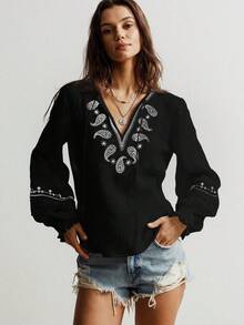 Rusttydustty Áo kiểu Boho thêu tua rua, áo kiểu nông dân cổ chữ V bằng vải lanh đen, trang phục đi biển, lễ hội âm nhạc, kỳ nghỉ nhiệt đới - màu đen - Xem 7