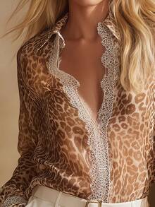女士时尚性感豹纹透视纽扣衬衫，常规袖衬衫，全身印花，前襟半透明纽扣蕾丝饰边，适合办公室、度假、春夏穿着