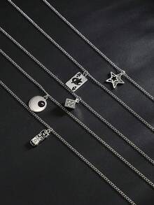 5pcs Fashionable Punk Star Necklaces, Men's Personalized Charm Geometric Pendant Necklaces, Suitable For Daily Wear And Parties, Can Be Worn Separately, Couple Necklaces, Holiday & Birthday Gifts, Star Necklaces - Silver - View 5