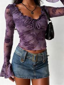 Women's Bell Sleeve Top, Flocked Ruffle Detail, Tie Waist Fitted Purple Shirt, Retro Gothic Style Tie Shirt