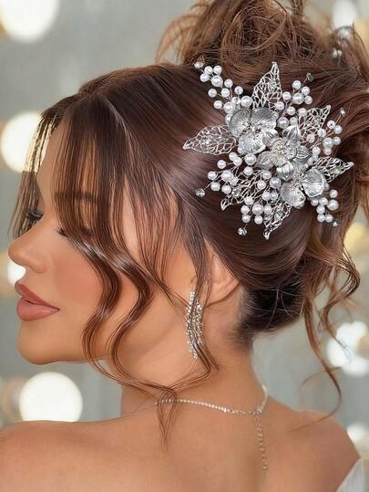1pc Elegant & Fashionable Women's Hair Accessory, Faux Pearl & Alloy Flower Leaf Hair Comb, Side Comb, Bridal Headpiece, Bridesmaid Hair Decor, Wedding Party Event Hair Ornament, Women's Accessory, Spring/Summer Hair Clip