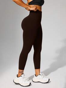 1pc High Waist Ribbed Yoga Leggings, Suitable For Hiking, Outdoor Activities, Sports And Casual Wear Spring - Khaki - View 3