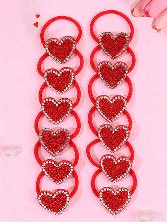12pcs Valentine's Day Heart Hair Tie For Girls Rhineston Heart Ponytail Holders Shiny Heart Elastic Band Sweet Elastic Hair Ties Valentine's Day Hair Ring Teens Hair Accessories.
