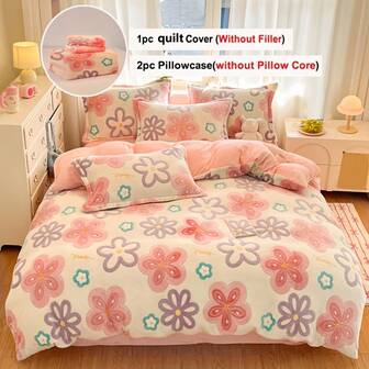 3pcs Thick Double-Sided Warm Snowflake Fleece Bedding Set, (1 Duvet Cover, 2 Pillowcases, Excluding Bed Sheet, Quilt And Pillow), Colorful Floral Rubber Print Pattern, Suitable For Bedroom And Dorm Decor, Soft & Cozy, Instantly Warm, Heat-Locking, Breathable, Moisture-Wicking, Simple & Elegant, Machine Washable
