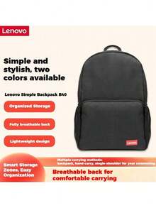 Lenovo Mochila B40 Business Casual, tamanho 15,3 polegadas, resistente à água, com vários compartimentos, leve, respirável, bolsos laterais para acesso rápido, alça peitoral ajustável, design ergonômico, preta.