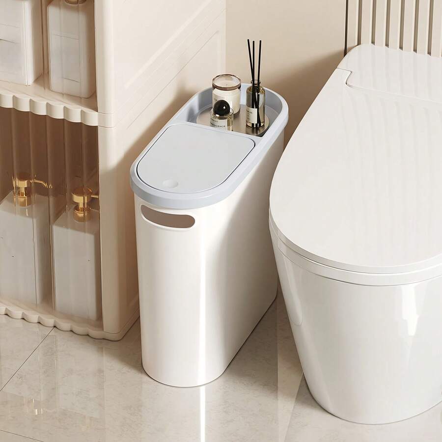 Compact White Plastic Trash Can With Built-In Handle, Rust-Resistant, Space-Saving Design, Odor-Proof Lid - Perfect For Bathroom, Laundry Room And Home Office, Home Office Waste Disposal | Polished Finish | Odor-Proof Lid - Thickened and Durable - View 1