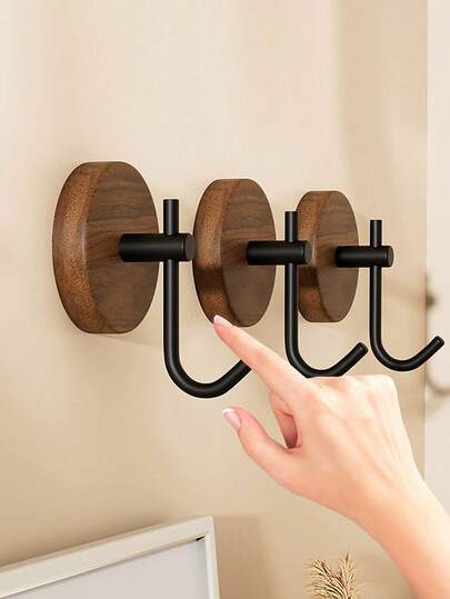 2pcs Walnut Wood Wall Mounted Hooks With Adhesive, Single-Sided Wall Hanging, No Drilling Required For Hanging Clothes, Towels, Bedroom Wall Decor, Coat Rack, Hooks, Back To School, Storage Organizer, Key Rack, Wall Mounted Key Hooks, Kitchen Accessories